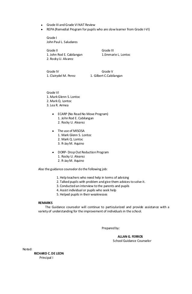 Accomplishment report in guidance