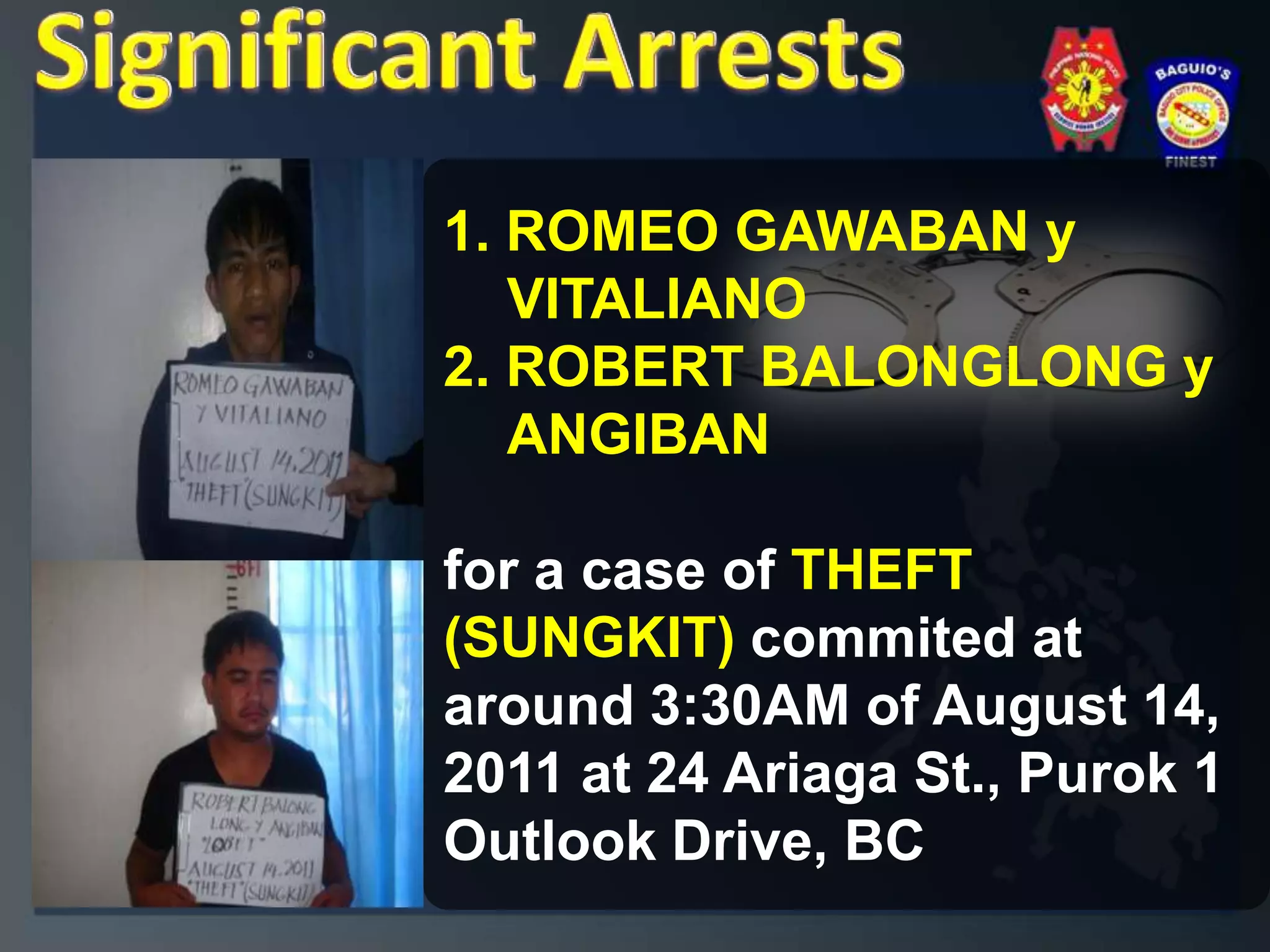 Arrested suspects were turned-over to PACER, Camp Crame, Quezon CityHAROLD DE ASIS y PANCRUDO-Kidnap for RansomBELLA YVONNE EREÑA y MANALO-Kidnap for Ransom