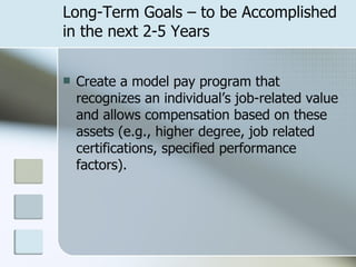 Long-Term Goals – to be Accomplished in the next 2-5 Years Create a model pay program that recognizes an individual’s job-related value and allows compensation based on these assets (e.g., higher degree, job related certifications, specified performance factors). 
