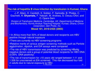 The risk of hepatitis B virus infection by transfusion in Kumasi, Ghana
        J.-P. Allain, D. Candotti, K. Soldan, F. Sarkodie, B. Phelps, C.
     Giachetti, V. Shyamala, F. Yeboah, M. Anokwa, S. Owusu-Ofori, and
                                 O. Opare-Sem
     Division of Transfusion Medicine, Cambridge, UK, Departments of Medicine
     and Biochemistry, Komfo Anokye Teaching Hospital, Kumasi, Ghana, Chiron
                             Corporation, Gen-Probe, Inc.
                         Blood 101, 2419-2425 (2003)

 • In Africa more than 50% of blood donors and recipients are HBV
 positive through natural exposure
 •There are currently no HBV screening programs
 •Relative merits of various antigen screening methods such as Particle
 agglutination, dipstick, and EIA assays were compared
 •The risk of HBV transmission was predicted by screening HBsAg
 negative donors and a group of potential blood recipients for HBV DNA
 (0.05% DNA positivity)
 •The risk of transmission for <10 years old ranged between 1:11 and
 1:326 for unscreened vs.EIA screened. This risk decreased four fold
 in adults due to natural exposure to HBV.
                                     V. Shyamala                          24
 •
 