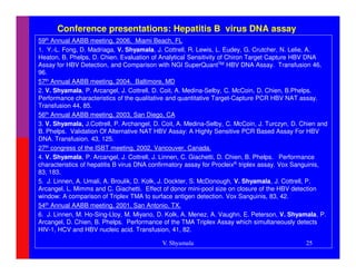 Conference presentations: Hepatitis B virus DNA assay
59th Annual AABB meeting, 2006, Miami Beach, FL
1. Y.-L. Fong, D. Madriaga, V. Shyamala, J. Cottrell, R. Lewis, L. Eudey, G. Crutcher, N. Lelie, A.
Heaton, B. Phelps, D. Chien. Evaluation of Analytical Sensitivity of Chiron Target Capture HBV DNA
Assay for HBV Detection, and Comparison with NGI SuperQuantTM HBV DNA Assay. Transfusion 46,
96.
57th Annual AABB meeting, 2004, Baltimore, MD
2. V. Shyamala, P. Arcangel, J. Cottrell, D. Coit, A. Medina-Selby, C. McCoin, D. Chien, B.Phelps.
Performance characteristics of the qualitative and quantitative Target-Capture PCR HBV NAT assay.
Transfusion 44, 85.
56th Annual AABB meeting, 2003, San Diego, CA
3. V. Shyamala, J.Cottrell, P. Archangel, D. Coit, A. Medina-Selby, C. McCoin, J. Turczyn, D. Chien and
B. Phelps. Validation Of Alternative NAT HBV Assay: A Highly Sensitive PCR Based Assay For HBV
DNA. Transfusion. 43, 125.
27th congress of the ISBT meeting, 2002, Vancouver, Canada.
4. V. Shyamala, P. Arcangel, J. Cottrell, J. Linnen, C. Giachetti, D. Chien, B. Phelps. Performance
characteristics of hepatitis B virus DNA confirmatory assay for ProcleixR triplex assay. Vox Sanguinis,
83, 183.
5. J. Linnen, A. Umali, A. Broulik, D. Kolk, J. Dockter, S. McDonough, V. Shyamala, J. Cottrell, P.
Arcangel, L. Mimms and C. Giachetti. Effect of donor mini-pool size on closure of the HBV detection
window: A comparison of Triplex TMA to surface antigen detection. Vox Sanguinis, 83, 42.
54th Annual AABB meeting, 2001, San Antonio, TX.
6. J. Linnen, M. Ho-Sing-Lloy, M. Miyano, D. Kolk, A. Menez, A. Vaughn, E. Peterson, V. Shyamala, P.
Arcangel, D. Chien, B. Phelps. Performance of the TMA Triplex Assay which simultaneously detects
HIV-1, HCV and HBV nucleic acid. Transfusion, 41, 82.

                                            V. Shyamala                                        25
 