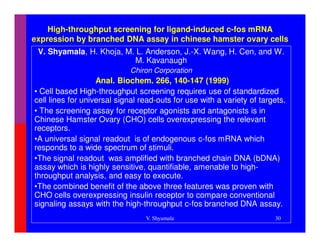High-throughput screening for ligand-induced c-fos mRNA
expression by branched DNA assay in chinese hamster ovary cells
 V. Shyamala, H. Khoja, M. L. Anderson, J.-X. Wang, H. Cen, and W.
                          M. Kavanaugh
                             Chiron Corporation
                   Anal. Biochem. 266, 140-147 (1999)
• Cell based High-throughput screening requires use of standardized
cell lines for universal signal read-outs for use with a variety of targets.
• The screening assay for receptor agonists and antagonists is in
Chinese Hamster Ovary (CHO) cells overexpressing the relevant
receptors.
•A universal signal readout is of endogenous c-fos mRNA which
responds to a wide spectrum of stimuli.
•The signal readout was amplified with branched chain DNA (bDNA)
assay which is highly sensitive, quantifiable, amenable to high-
throughput analysis, and easy to execute.
•The combined benefit of the above three features was proven with
CHO cells overexpressing insulin receptor to compare conventional
signaling assays with the high-throughput c-fos branched DNA assay.
                                 V. Shyamala                            30
 