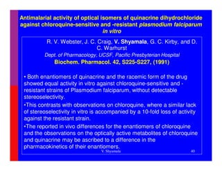 Antimalarial activity of optical isomers of quinacrine dihydrochloride
against chloroquine-sensitive and -resistant plasmodium falciparum
                                  in vitro
          R. V. Webster, J. C. Craig, V. Shyamala, G. C. Kirby, and D.
                               C. Warhurst
         Dept. of Pharmacology, UCSF, Pacific Presbyterian Hospital
             Biochem. Pharmacol. 42, S225-S227, (1991)

 • Both enantiomers of quinacrine and the racemic form of the drug
 showed equal activity in vitro against chloroquine-sensitive and -
 resistant strains of Plasmodium falciparum, without detectable
 stereoselectivity.
 •This contrasts with observations on chloroquine, where a similar lack
 of stereoselectivity in vitro is accompanied by a 10-fold loss of activity
 against the resistant strain.
 •The reported in vivo differences for the enantiomers of chloroquine
 and the observations on the optically active metabolites of chloroquine
 and quinacrine may be ascribed to a difference in the
 pharmacokinetics of their enantiomers.
                                 V. Shyamala                            40
 