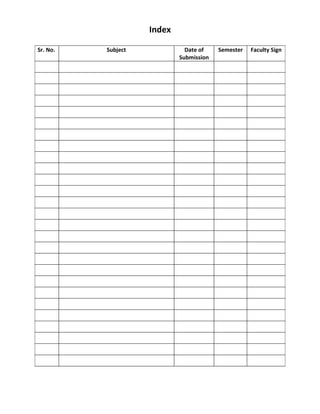 Index

Sr. No.   Subject             Date of    Semester   Faculty Sign
                            Submission
 