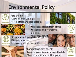 •Eco design
•Sustainable building
•Hotel offers and technologies
                    •Protect children from abuse
                    •Responsible purchasing
                    practices
                    •Protect ecosystems
•Support employee growth&skills
•Diversity an asset
•Improve quality of work life

              •Conduct business openly
              •Engage franchised&managed hotels
              •Share commitment with suppliers
 