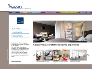 BRANDS DISTRIBUTION SUSTAINABLE DEVELOPMENTHUMAN RESOURCESGROUP SOLIDARITY ACCOR
><
FIGURESAT31/12/2013
A gratifying & constantly renewed experience
Suite Novotel offers a range of
midscale hotels located principally
in city centers.
It is an off-beat, avant-garde
approach that invites medium-stay
guests to enjoy a different way of
experiencing hotel living.
The 30 sq.m. suites are flexible
spaces with innovative services
to meet guests’ needs around the
clock.
30 HOTELS
3,736 SUITES
9 COUNTRIES
Accor in Brief
Suite Novotel Malaga Centro – Spain Suite Novotel – Paris Issy-les-Moulineaux –
France
Suite Novotel – Luxembourgsuitenovotel.com
Suite Novotel Perpignan Méditerranée – France
11
 