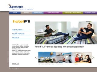 BRANDS DISTRIBUTION SUSTAINABLE DEVELOPMENTHUMAN RESOURCESGROUP SOLIDARITY ACCOR
><
FIGURESAT31/12/2013
hotelF1, France’s leading low-cost hotel chain
hotelF1 offers fully renovated,
contemporary double and triple
rooms and new reception and
breakfast areas.
hotelF1 is now more dynamic than
ever and is asserting itself as a
straightforward brand that meets
the needs of smart consumers.
238 HOTELS
17,906 ROOMS
FRANCE
Accor in Brief
hotelF1 Marne la Vallée Collégien – France Three-person room ReceptionhotelF1.com
> ETAP HOTEL, FORMULE 1
18
Twin room
 