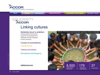 BRANDS DISTRIBUTION SUSTAINABLE DEVELOPMENTHUMAN RESOURCESGROUP SOLIDARITY ACCOR
FIGURESAT31/12/2013
Linking cultures
Solidarity Accor’s ambition:
Linking cultures and providing
support for the development of
individuals and their integration
into the community.
3 areas of commitment:
Accor in Brief
solidarity-accor.com
179PROJECTS
SUPPORTED
37
COUNTRIES
8,500EMPLOYEES
INVOLVED
Local know-how
Training and insertion
Humanitarian and emergency
25
Philippines – NGO Virlanie – For the last three years, supporting the insertion of underprivileged
young people by giving them access to training in the service professions.
 