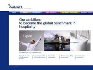 BRANDS DISTRIBUTION SUSTAINABLE DEVELOPMENTHUMAN RESOURCESGROUP SOLIDARITY ACCOR
Our ambition:
to become the global benchmark in
hospitality
Accor in Brief3
Strengthen and
modernize our
brands
THE 5 PILLARS OF OUR STRATEGY:
Ensure a powerful
distribution system
Expand at a
robust pace
Reinvent hospitality
sustainably
Commit to our
employees
 
