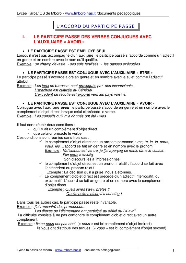 Exercices Accord Participe Passé 4ème à Imprimer