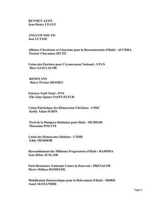RENMEN AYITI
Jean Henry CEANT
ANSANM NOU FO
Jose ULYSSE
Alliance Chretienne et Citoyenne pour la Reconstruction d'Haiti - ACCRHA
Pasteur Chavannes JEUNE
Union des Patriotes pour l'Avancement National - UPAN
Marc GUILLAUME
KONFYANS
Harry Precius DESSIEU
Patriyot Natif Natal - PNN
Fils-Aime Ignace SAINT-FLEUR
Union Patriotique des Démocrates Chrétiens - UPDC
Kettly Adam SURIN
Parti de la Diaspora Haitienne pour Haiti - MUDHAH
Macsonne POLYTE
Union des Democrates Haitiens - UNDH
Eddy MESIDOR
Rassemblement des Militants Progressistes d'Haiti - RAMPHA
Sene Debre JUSLAIR
Parti Resistance Nationale Contre la Pauvreté - PRENACOP
Pierre Melisca ROMESTIL
Mobilisation Democratique pour le Relevement d'Haiti - MDRH
Asnel ALEXANDRE
Page 6
 