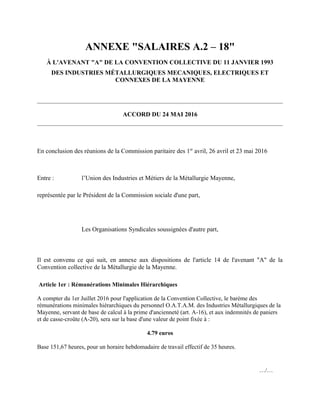 ANNEXE "SALAIRES A.2 – 18"
À L'AVENANT "A" DE LA CONVENTION COLLECTIVE DU 11 JANVIER 1993
DES INDUSTRIES MÉTALLURGIQUES ME...