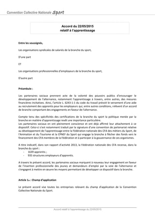 Convention Collective Nationale Sport
Accord du 22/05/2015
relatif à l’apprentissage
Entre les soussignés,
Les organisatio...