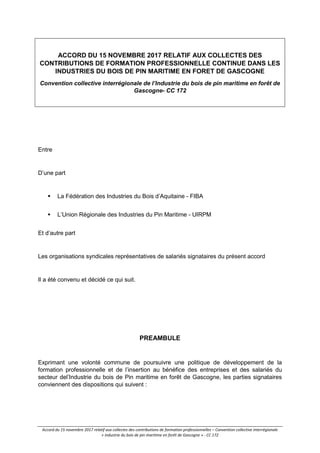 Accord du 15 novembre 2017 relatif aux collectes des contributions de formation professionnelles – Convention collective i...