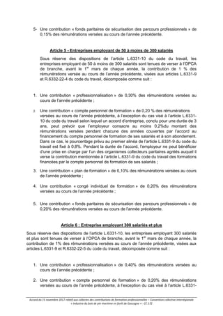 Accord du 15 novembre 2017 relatif aux collectes des contributions de formation professionnelles – Convention collective interrégionale
« industrie du bois de pin maritime en forêt de Gascogne » - CC 172
5- Une contribution « fonds paritaires de sécurisation des parcours professionnels » de
0,15% des rémunérations versées au cours de l’année précédente.
Article 5 - Entreprises employant de 50 à moins de 300 salariés
Sous réserve des dispositions de l’article L.6331-10 du code du travail, les
entreprises employant de 50 à moins de 300 salariés sont tenues de verser à l’OPCA
de branche, avant le 1er
mars de chaque année, la contribution de 1 % des
rémunérations versée au cours de l’année précédente, visées aux articles L.6331-9
et R.6332-22-4 du code du travail, décomposée comme suit :
1. Une contribution « professionnalisation » de 0,30% des rémunérations versées au
cours de l’année précédente ;
2. Une contribution « compte personnel de formation » de 0,20 % des rémunérations
versées au cours de l’année précédente, à l’exception du cas visé à l’article L.6331-
10 du code du travail selon lequel un accord d’entreprise, conclu pour une durée de 3
ans, peut prévoir que l’employeur consacre au moins 0,2%du montant des
rémunérations versées pendant chacune des années couvertes par l’accord au
financement du compte personnel de formation de ses salariés et à son abondement.
Dans ce cas, le pourcentage prévu au premier alinéa de l’article L.6331-9 du code du
travail est fixé à 0,8%. Pendant la durée de l’accord, l’employeur ne peut bénéficier
d’une prise en charge par l’un des organismes collecteurs paritaires agréés auquel il
verse la contribution mentionnée à l’article L.6331-9 du code du travail des formations
financées par le compte personnel de formation de ses salariés ;
3. Une contribution « plan de formation » de 0,10% des rémunérations versées au cours
de l’année précédente ;
4. Une contribution « congé individuel de formation » de 0,20% des rémunérations
versées au cours de l’année précédente ;
5. Une contribution « fonds paritaires de sécurisation des parcours professionnels » de
0,20% des rémunérations versées au cours de l’année précédente.
Article 6 : Entreprise employant 300 salariés et plus
Sous réserve des dispositions de l’article L.6331-10, les entreprises employant 300 salariés
et plus sont tenues de verser à l’OPCA de branche, avant le 1er
mars de chaque année, la
contribution de 1% des rémunérations versées au cours de l’année précédente, visées aux
articles L.6331-9 et R.6332-22-5 du code du travail, décomposée comme suit :
1. Une contribution « professionnalisation » de 0,40% des rémunérations versées au
cours de l’année précédente ;
2. Une contribution « compte personnel de formation » de 0,20% des rémunérations
versées au cours de l’année précédente, à l’exception du cas visé à l’article L.6331-
 