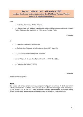1/3
Accord collectif du 21 décembre 2017
portant fixation du barème des minima des ETAM des Travaux Publics
pour 2018 appl...