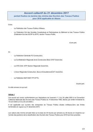 1/3
Accord collectif du 21 décembre 2017
portant fixation du barème des minima des Ouvriers des Travaux Publics
pour 2018 ...