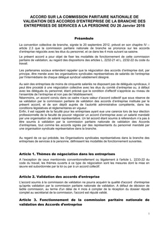 ACCORD SUR LA COMMISSION PARITAIRE NATIONALE DE
VALIDATION DES ACCORDS D'ENTREPRISE DE LA BRANCHE DES
ENTREPRISES DE SERVI...