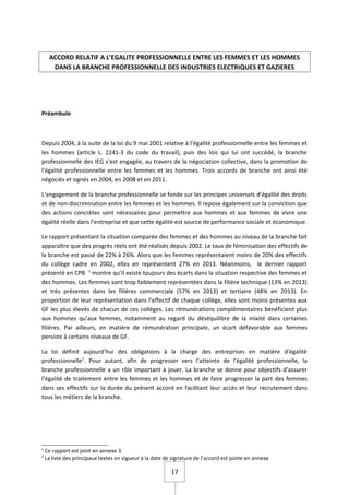 17
ACCORD RELATIF A L’EGALITE PROFESSIONNELLE ENTRE LES FEMMES ET LES HOMMES
DANS LA BRANCHE PROFESSIONNELLE DES INDUSTRIE...