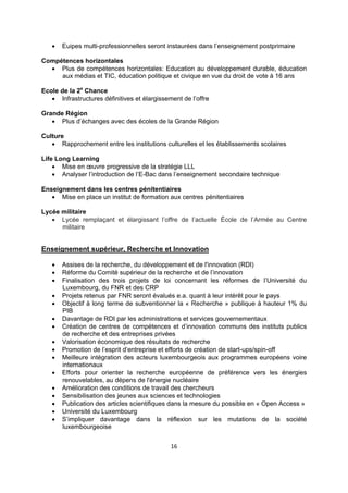 

Euipes multi-professionnelles seront instaurées dans l’enseignement postprimaire

Compétences horizontales
 Plus de compétences horizontales: Education au développement durable, éducation
aux médias et TIC, éducation politique et civique en vue du droit de vote à 16 ans
Ecole de la 2e Chance
 Infrastructures définitives et élargissement de l’offre
Grande Région
 Plus d’échanges avec des écoles de la Grande Région
Culture
 Rapprochement entre les institutions culturelles et les établissements scolaires
Life Long Learning
 Mise en œuvre progressive de la stratégie LLL
 Analyser l’introduction de l’E-Bac dans l’enseignement secondaire technique
Enseignement dans les centres pénitentiaires
 Mise en place un institut de formation aux centres pénitentiaires
Lycée militaire
 Lycée remplaçant et élargissant l’offre de l’actuelle École de l’Armée au Centre
militaire

Enseignement supérieur, Recherche et Innovation

















Assises de la recherche, du développement et de l'innovation (RDI)
Réforme du Comité supérieur de la recherche et de l’innovation
Finalisation des trois projets de loi concernant les réformes de l’Université du
Luxembourg, du FNR et des CRP
Projets retenus par FNR seront évalués e.a. quant à leur intérêt pour le pays
Objectif à long terme de subventionner la « Recherche » publique à hauteur 1% du
PIB
Davantage de RDI par les administrations et services gouvernementaux
Création de centres de compétences et d’innovation communs des instituts publics
de recherche et des entreprises privées
Valorisation économique des résultats de recherche
Promotion de l’esprit d’entreprise et efforts de création de start-ups/spin-off
Meilleure intégration des acteurs luxembourgeois aux programmes européens voire
internationaux
Efforts pour orienter la recherche européenne de préférence vers les énergies
renouvelables, au dépens de l'énergie nucléaire
Amélioration des conditions de travail des chercheurs
Sensibilisation des jeunes aux sciences et technologies
Publication des articles scientifiques dans la mesure du possible en « Open Access »
Université du Luxembourg
S’impliquer davantage dans la réflexion sur les mutations de la société
luxembourgeoise
16 

 

 
