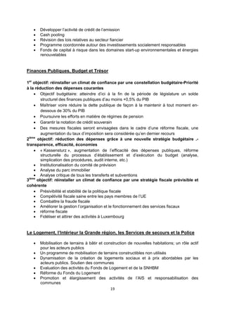 





Développer l’activité de crédit de l’emission
Cash pooling
Révision des lois relatives au secteur fiancier
Programme coordonnée autour des investissements socialement responsables
Fonds de capital à risque dans les domaines start-up environnementales et énergies
renouvelables

Finances Publiques, Budget et Trésor
1er objectif: réinstaller un climat de confiance par une constellation budgétaire-Priorité
à la réduction des dépenses courantes
 Objectif budgétaire: atteindre d’ici à la fin de la période de législature un solde
structurel des finances publiques d’au moins +0,5% du PIB
 Maîtriser voire réduire la dette publique de façon à la maintenir à tout moment endessous de 30% du PIB
 Poursuivre les efforts en matière de régimes de pension
 Garantir la notation de crédit souverain
 Des mesures fiscales seront envisagées dans le cadre d’une réforme fiscale, une
augmentation du taux d’imposition sera considérée qu’en dernier recours
2ième objectif: réduction des dépenses grâce à une nouvelle stratégie budgétaire .transparence, efficacité, économies
 « Kassensturz », augmentation de l’efficacité des dépenses publiques, réforme
structurelle du processus d’établissement et d’exécution du budget (analyse,
simplication des procédures, audit interne, etc.)
 Institutionalisation du comité de prévision
 Analyse du parc immobilier
 Analyse critique de tous les transferts et subventions
3ième objectif: réinstaller un climat de confiance par une stratégie fiscale prévisible et
cohérente
 Présivibilité et stabilité de la politique fiscale
 Compétivité fiscale saine entre les pays membres de l’UE
 Combattre la fraude fiscale
 Améliorer la gestion l’organisation et le fonctionnement des services fiscaux
 réforme fiscale
 Fidéliser et attirer des activités à Luxembourg

Le Logement, l’Intérieur la Grande région, les Services de secours et la Police







 

Mobilisation de terrains à bâtir et construction de nouvelles habitations; un rôle actif
pour les acteurs publics
Un programme de mobilisation de terrains constructibles non utilisés
Dynamisation de la création de logements sociaux et à prix abordables par les
acteurs publics. Soutien des communes
Evaluation des activités du Fonds de Logement et de la SNHBM
Réforme du Fonds du Logement
Promotion et élargissement des activités de l’AIS et responsabilisation des
communes
19 

 