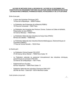ACCORD DE METHODE POUR LA REVISION DE L’ACCORD DU 22 DECEMBRE 2010
CONSTITUTIF D’UN ORGANISME PARITAIRE COLLECTEUR AGREE I...
