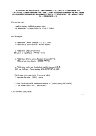 ACCORD DE METHODE POUR LA REVISION DE L’ACCORD DU 22 DECEMBRE 2010
CONSTITUTIF D’UN ORGANISME PARITAIRE COLLECTEUR AGREE I...