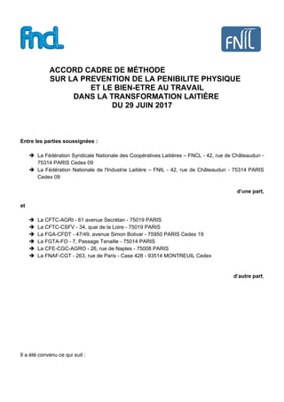 ACCORD CADRE DE MÉTHODE
SUR LA PREVENTION DE LA PENIBILITE PHYSIQUE
ET LE BIEN-ETRE AU TRAVAIL
DANS LA TRANSFORMATION LAIT...