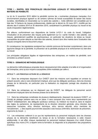 3
TITRE I - RAPPEL DES PRINCIPALES OBLIGATIONS LEGALES ET REGLEMENTAIRES EN
MATIERE DE PENIBILITE
La loi du 9 novembre 201...