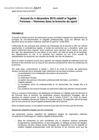 Convention Collective Nationale Sport Accord
égalité Hommes Femmes 04122015
Accord du 4 décembre 2015 relatif à l’égalité
...