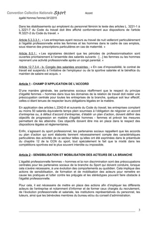 Convention Collective Nationale Sport Accord
égalité Hommes Femmes 04122015
Dans les établissements qui emploient du perso...