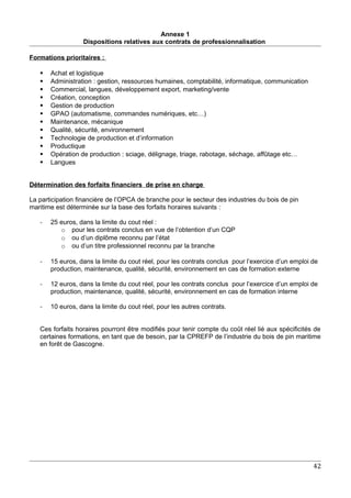Annexe 1
Dispositions relatives aux contrats de professionnalisation
Formations prioritaires :
 Achat et logistique
 Administration : gestion, ressources humaines, comptabilité, informatique, communication
 Commercial, langues, développement export, marketing/vente
 Création, conception
 Gestion de production
 GPAO (automatisme, commandes numériques, etc…)
 Maintenance, mécanique
 Qualité, sécurité, environnement
 Technologie de production et d’information
 Productique
 Opération de production : sciage, délignage, triage, rabotage, séchage, affûtage etc…
 Langues
Détermination des forfaits financiers de prise en charge
La participation financière de l’OPCA de branche pour le secteur des industries du bois de pin
maritime est déterminée sur la base des forfaits horaires suivants :
- 25 euros, dans la limite du cout réel :
o pour les contrats conclus en vue de l’obtention d’un CQP
o ou d’un diplôme reconnu par l’état
o ou d’un titre professionnel reconnu par la branche
- 15 euros, dans la limite du cout réel, pour les contrats conclus pour l’exercice d’un emploi de
production, maintenance, qualité, sécurité, environnement en cas de formation externe
- 12 euros, dans la limite du cout réel, pour les contrats conclus pour l’exercice d’un emploi de
production, maintenance, qualité, sécurité, environnement en cas de formation interne
- 10 euros, dans la limite du cout réel, pour les autres contrats.
Ces forfaits horaires pourront être modifiés pour tenir compte du coût réel lié aux spécificités de
certaines formations, en tant que de besoin, par la CPREFP de l’industrie du bois de pin maritime
en forêt de Gascogne.
42
 