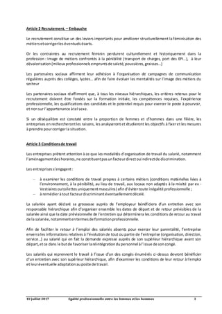 10 juillet 2017 Egalité professionnelle entre les femmes et les hommes 3
Article 2 Recrutement. – Embauche
Le recrutement ...