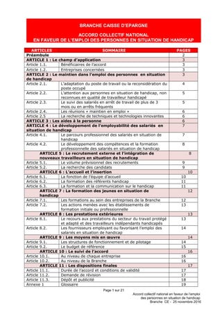 BRANCHE CAISSE D’EPARGNE
ACCORD COLLECTIF NATIONAL
EN FAVEUR DE L’EMPLOI DES PERSONNES EN SITUATION DE HANDICAP
ARTICLES S...