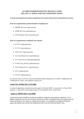 1
ACCORD INTERPROFESSIONNEL RÉGIONAL CORSE
RELATIF A L’APPLICATION DE L’INDEMNITE TRAJET
Avenant de prorogation de la duré...
