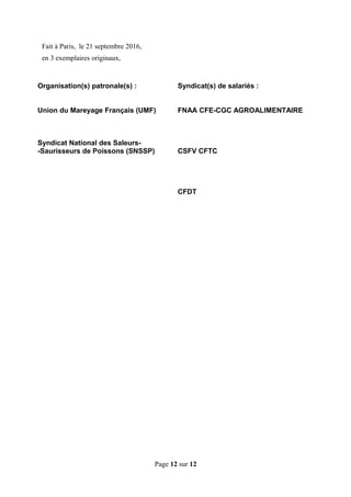 Fait à Paris, le 21 septembre 2016,
en 3 exemplaires originaux,
Organisation(s) patronale(s) : Syndicat(s) de salariés :
Union du Mareyage Français (UMF) FNAA CFE-CGC AGROALIMENTAIRE
Syndicat National des Saleurs-
-Saurisseurs de Poissons (SNSSP) CSFV CFTC
CFDT
Page 12 sur 12
 