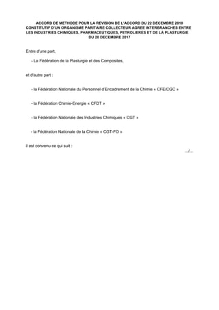 ACCORD DE METHODE POUR LA REVISION DE L’ACCORD DU 22 DECEMBRE 2010
CONSTITUTIF D’UN ORGANISME PARITAIRE COLLECTEUR AGREE I...