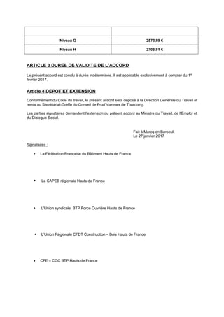 Niveau G 2573,89 €
Niveau H 2705,81 €
ARTICLE 3 DUREE DE VALIDITE DE L’ACCORD
Le présent accord est conclu à durée indéter...