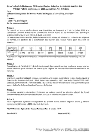 Accord collectif du 08 décembre 2015 portant fixation du barème des minima ouvriers des
Travaux Publics applicable pour 20...