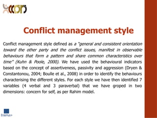 Conflict management style
Conflict management style defined as a general and consistent orientation
toward the other party and the conflict issues, manifest in observable
behaviours that form a pattern and share common characteristics over
time (Kuhn & Poole, 2000). We have used the behavioural indicators
based on the concept of assertiveness, passivity and aggression (Dryen &
Constantonou, 2004; Boulle et al., 2008) in order to identify the behaviours
characterising the different styles. For each style we have then identified 7
variables (4 verbal and 3 paraverbal) that we have groped in two
dimensions: concern for self, as per Rahim model.
 