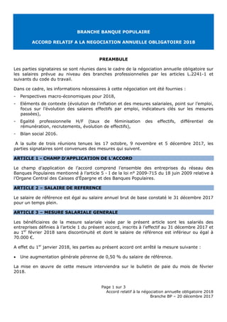 Page 1 sur 3
Accord relatif à la négociation annuelle obligatoire 2018
Branche BP – 20 décembre 2017
BRANCHE BANQUE POPULA...