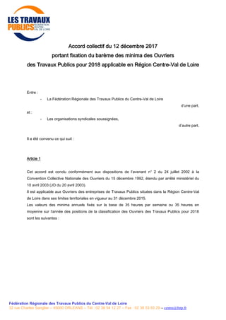 Accord collectif du 12 décembre 2017
portant fixation du barème des minima des Ouvriers
des Travaux Publics pour 2018 appl...