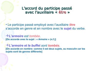 L’accord du participe passéL’accord du participe passé
avec l’auxiliaire «avec l’auxiliaire « êtreêtre »»
• Le participe passé employé avec l’auxiliaire être
s’accorde en genre et en nombre avec le sujet du verbe.
L’armoire est tombée.
[On accorde avec le sujet : « Armoire » (n.f.)]
L’armoire et le buffet sont tombés.
[On accorde en nombre: comme il est deux sujets, au masculin car les
sujets sont de genres différents]
 