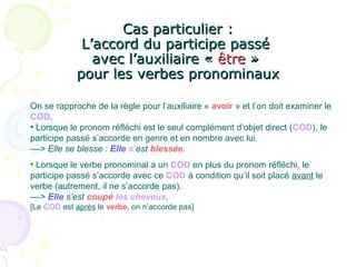 Cas particulier :Cas particulier :
L’accord du participe passéL’accord du participe passé
avec l’auxiliaire «avec l’auxiliaire « êtreêtre »»
pour les verbes pronominauxpour les verbes pronominaux
On se rapproche de la règle pour l’auxiliaire « avoir » et l’on doit examiner le
COD.
• Lorsque le pronom réfléchi est le seul complément d’objet direct (COD), le
participe passé s’accorde en genre et en nombre avec lui.
––> Elle se blesse : Elle s’est blessée.
• Lorsque le verbe pronominal a un COD en plus du pronom réfléchi, le
participe passé s’accorde avec ce COD à condition qu’il soit placé avant le
verbe (autrement, il ne s’accorde pas).
––> Elle s’est coupé les cheveux.
[Le COD est après le verbe, on n’accorde pas]
 