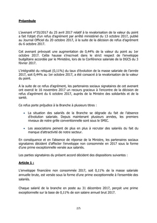 2/5
Préambule
L’avenant n°35/2017 du 25 avril 2017 relatif à la revalorisation de la valeur du point
a fait l’objet d’un r...
