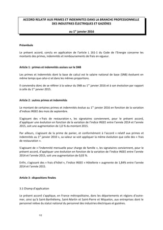 ACCORD RELATIF AUX PRIMES ET INDEMNITES DANS LA BRANCHE PROFESSIONNELLE
DES INDUSTRIES ÉLECTRIQUES ET GAZIÈRES
au 1er
janv...