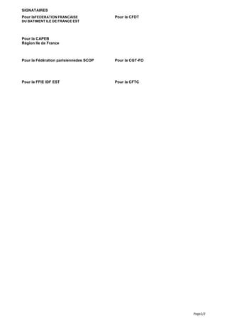 Page2/2
SIGNATAIRES
Pour laFEDERATION FRANCAISE
DU BATIMENT ILE DE FRANCE EST
Pour la CFDT
Pour la CAPEB
Région Ile de Fra...