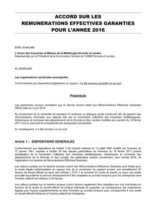 ACCORD SUR LES
REMUNERATIONS EFFECTIVES GARANTIES
POUR L’ANNEE 2016
Entre, d’une part,
L’Union des Industries et Métiers d...