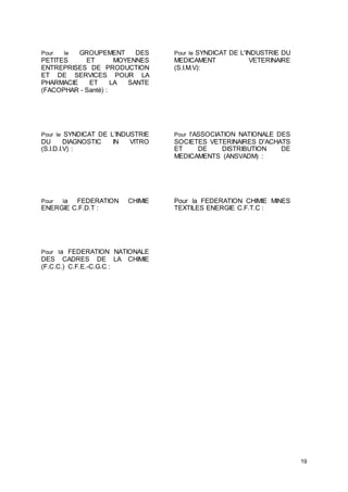 19
Pour le GROUPEMENT DES
PETITES ET MOYENNES
ENTREPRISES DE PRODUCTION
ET DE SERVICES POUR LA
PHARMACIE ET LA SANTE
(FACOPHAR - Santé) :
Pour le SYNDICAT DE L'INDUSTRIE DU
MEDICAMENT VETERINAIRE
(S.I.M.V):
Pour le SYNDICAT DE L’INDUSTRIE
DU DIAGNOSTIC IN VITRO
(S.I.D.I.V) :
Pour l'ASSOCIATION NATIONALE DES
SOCIETES VETERINAIRES D'ACHATS
ET DE DISTRIBUTION DE
MEDICAMENTS (ANSVADM) :
Pour la FEDERATION CHIMIE
ENERGIE C.F.D.T :
Pour la FEDERATION CHIMIE MINES
TEXTILES ENERGIE C.F.T.C :
Pour la FEDERATION NATIONALE
DES CADRES DE LA CHIMIE
(F.C.C.) C.F.E.-C.G.C :
 