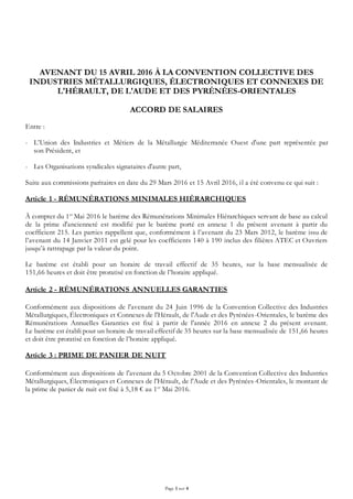 Page 1 sur 4
AVENANT DU 15 AVRIL 2016 À LA CONVENTION COLLECTIVE DES
INDUSTRIES MÉTALLURGIQUES, ÉLECTRONIQUES ET CONNEXES ...